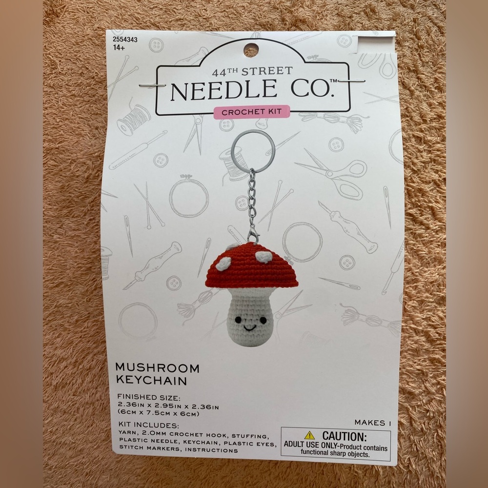 44th Street Needle Co. Mushroom Keychain Crochet Kit makes Red/White color